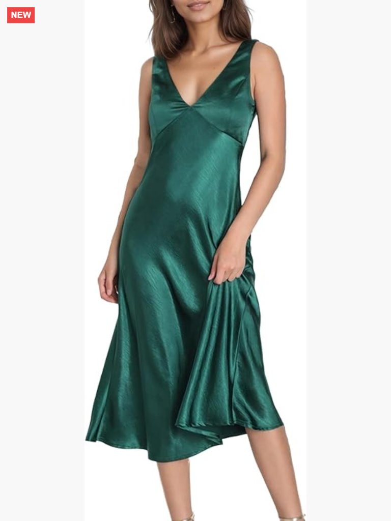 Satin V-Neck Backless Midi Dress Formal Wedding Guest Sleeveless A-Line
